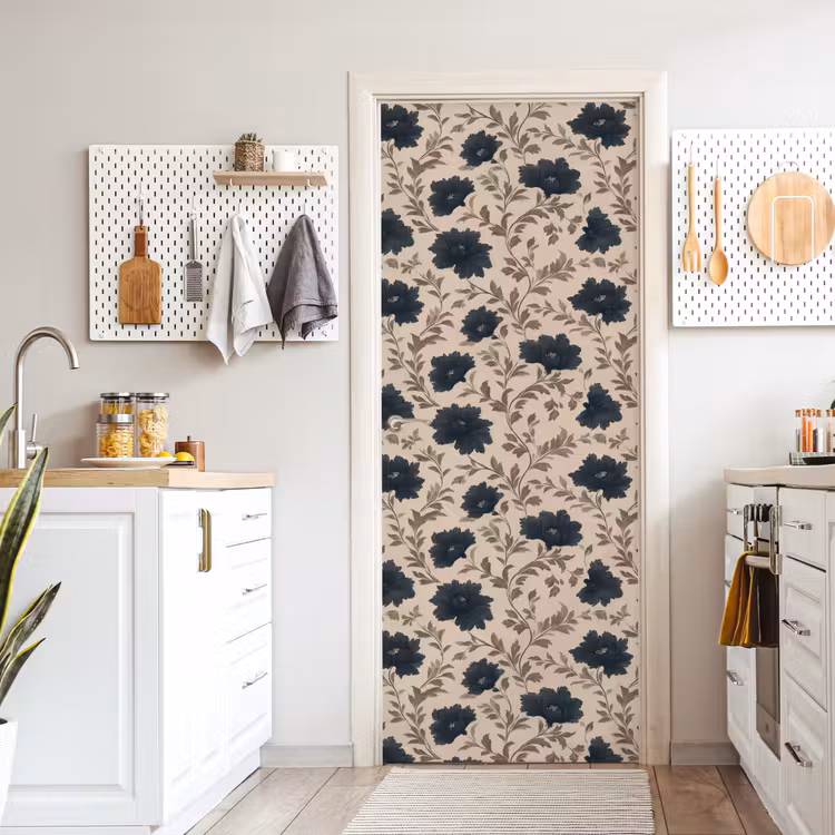 Motief - Bloemen - Zwart - Beige deurposter klein 289 -sfeer5