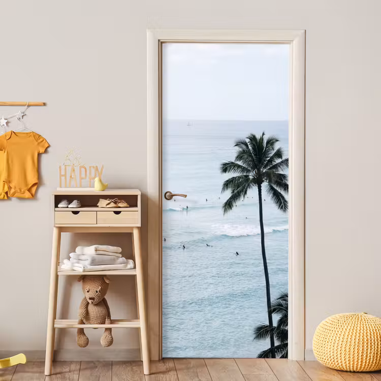 Oceaan - Palmbomen - Surfers deurposter klein -sfeer4