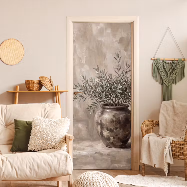 Olijfplant - Aardenpot - Abstract - Beige deurposter klein -sfeer2