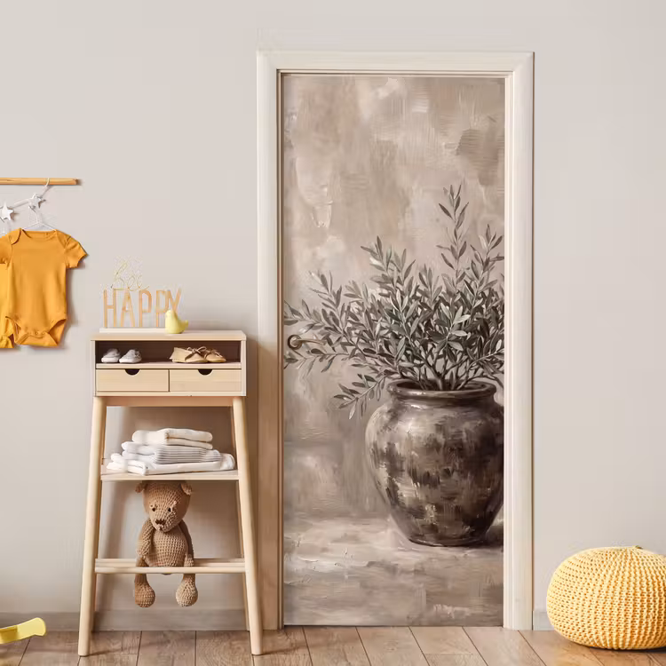 Olijfplant - Aardenpot - Abstract - Beige deurposter klein -sfeer4