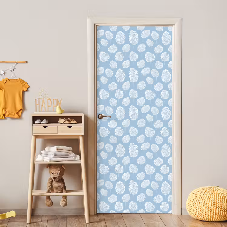Palmbladeren - Naadloos - Patroon - Pastelblauw deurposter klein 289 -sfeer4