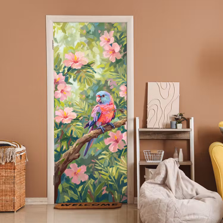 Papagaai - Hibiscusbloemen - Kleurrijk deurposter klein -sfeer1