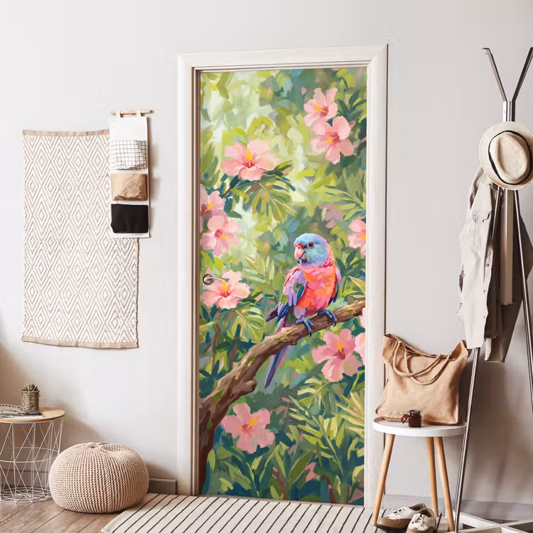 Papagaai - Hibiscusbloemen - Kleurrijk deurposter klein -sfeer6