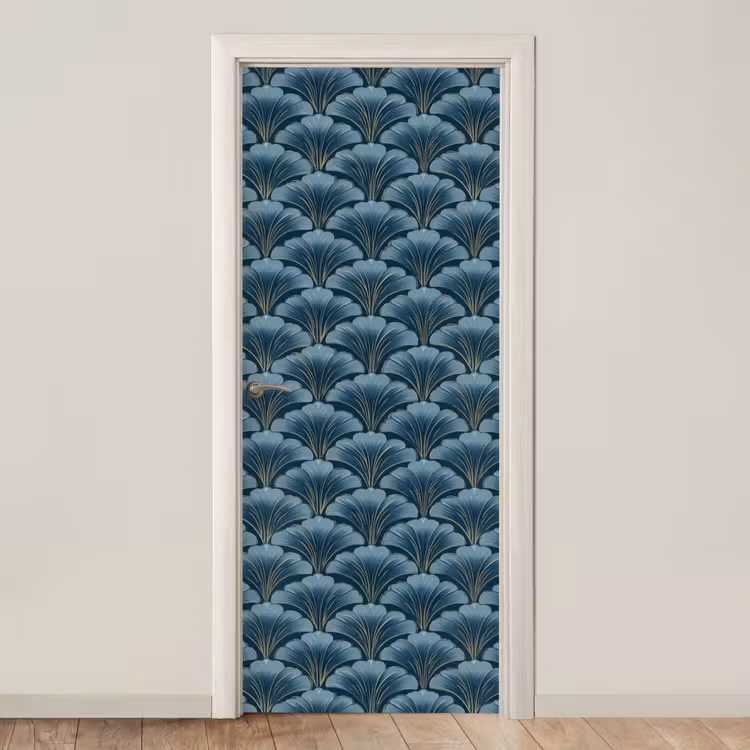 Patroon - Ginkgoblad - Blauw deurposter klein 289 -3d_beige