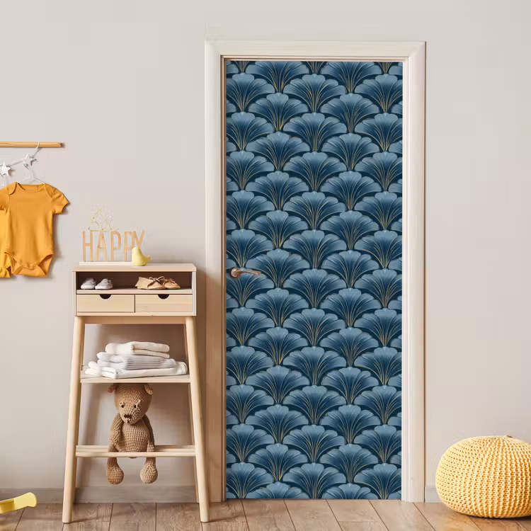 Patroon - Ginkgoblad - Blauw deurposter klein 289 -sfeer4