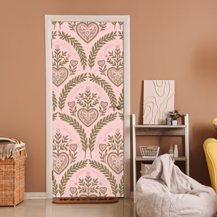 Patroon - Hart - Bloemen - Folkloristisch - Roze deurposter klein -sfeer1
