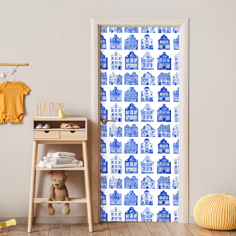 Patroon - Huizen - Blauw deurposter klein 289 -sfeer4