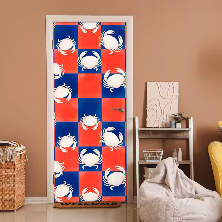 Patroon - Zeeleven - Rood - Blauw - Abstract deurposter klein -sfeer1