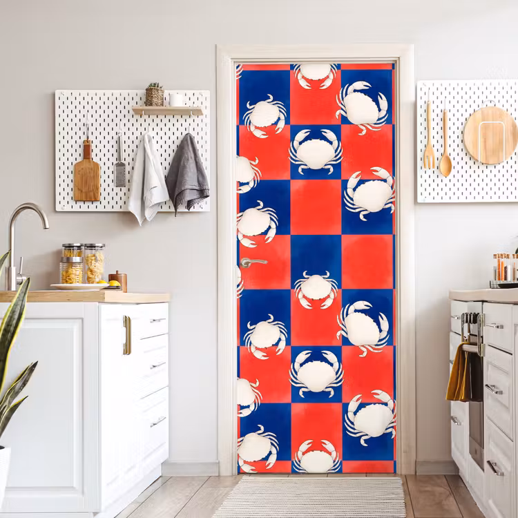 Patroon - Zeeleven - Rood - Blauw - Abstract deurposter klein -sfeer5