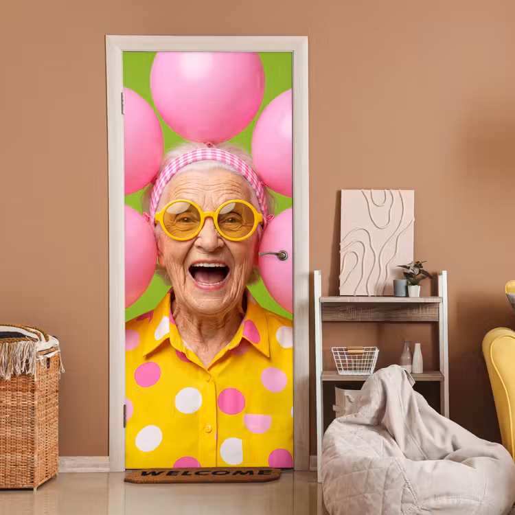 Mens - Ballonnen - Feest - Kleurrijk - Roze deurposter klein -sfeer1