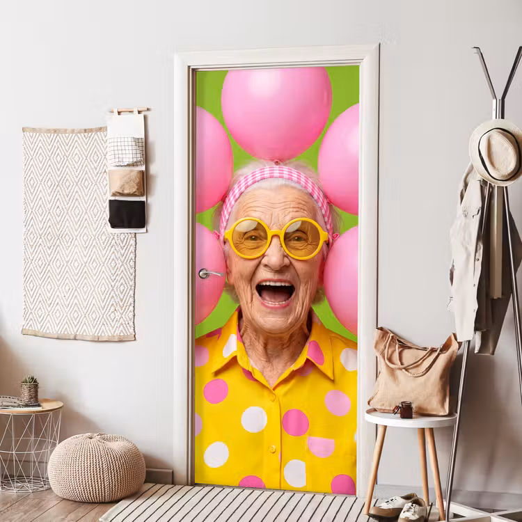 Mens - Ballonnen - Feest - Kleurrijk - Roze deurposter klein -sfeer6