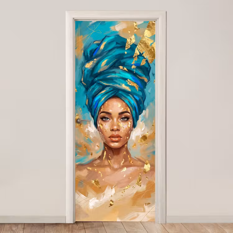Portret - Vrouw - Schilderij - Blauw - Goud - Expressief deurposter klein -3d_beige