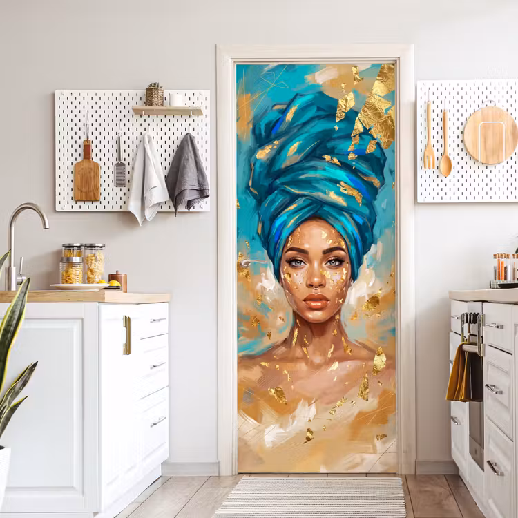 Portret - Vrouw - Schilderij - Blauw - Goud - Expressief deurposter klein -sfeer5
