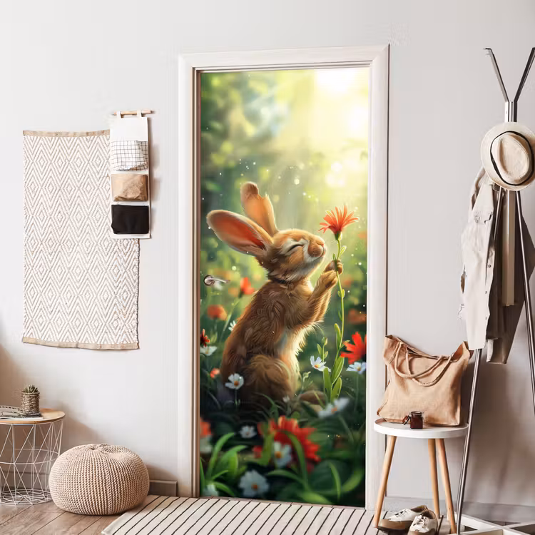 Konijn - Dieren - Bloemen - Natuur deurposter klein -sfeer6