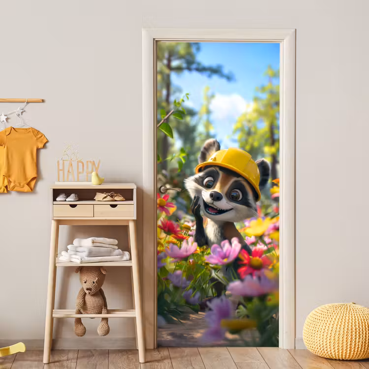 Wasbeer - Natuur - Bloemen - Bouwhelm deurposter klein -sfeer4