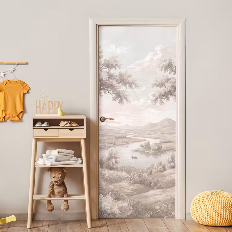 Rivierlandschap - Bergen - Natuur - Vintage - Beige deurposter klein -sfeer4