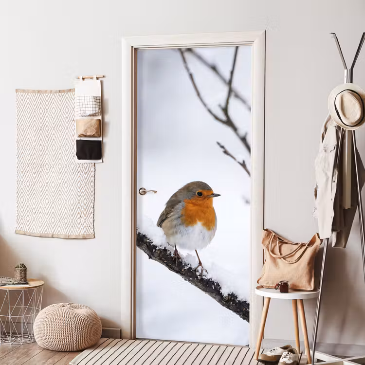 Roodborstje - Tak - Sneeuw - Winter - Levendig deurposter klein -sfeer6