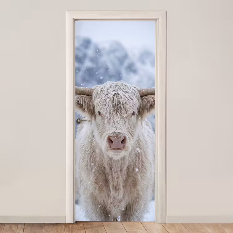 Schotse Hooglander - Sneeuw - Bergen - Winter deurposter klein -3d_beige