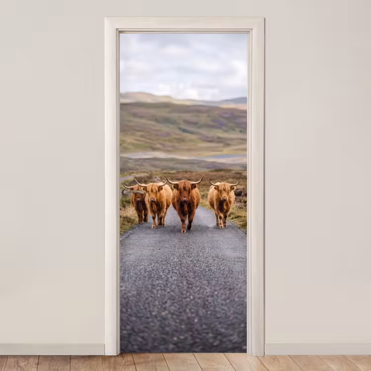 Schotse Hooglanders - Weg - Landschap - Kudde deurposter klein -3d_beige