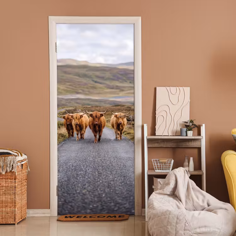 Schotse Hooglanders - Weg - Landschap - Kudde deurposter klein -sfeer1
