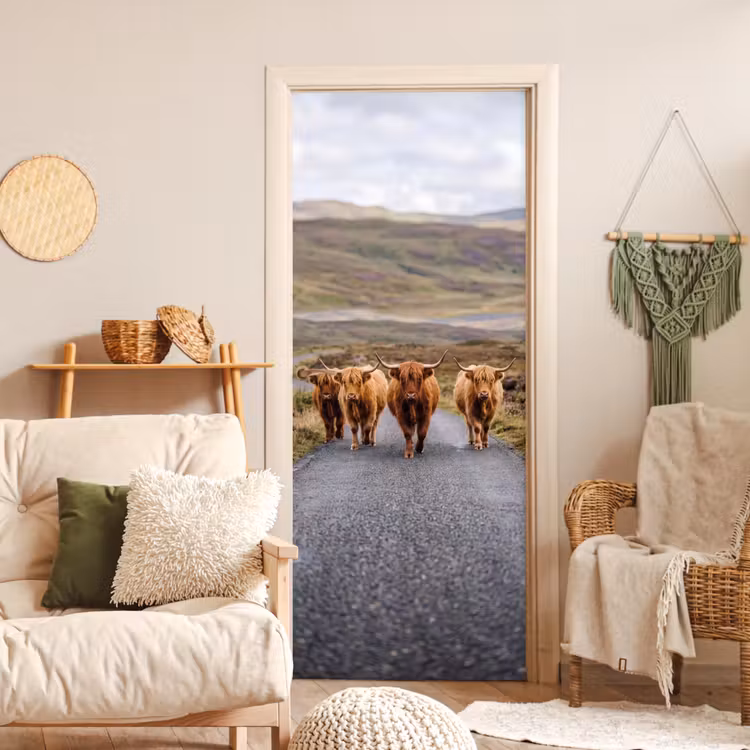 Schotse Hooglanders - Weg - Landschap - Kudde deurposter klein -sfeer2