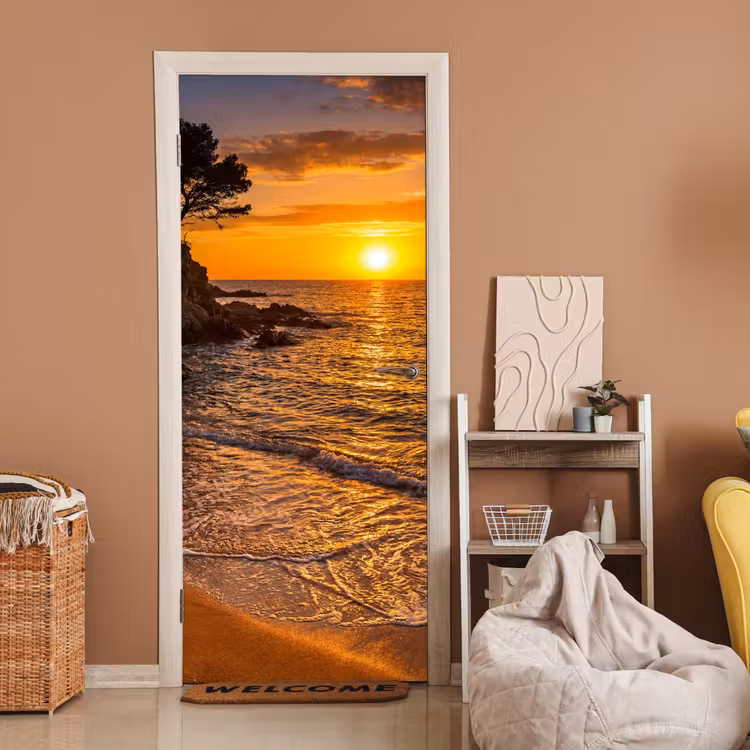 Zee - Kust - Zonsondergang - Natuur - Oranje deurposter klein -sfeer1