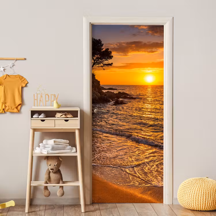 Zee - Kust - Zonsondergang - Natuur - Oranje deurposter klein -sfeer4