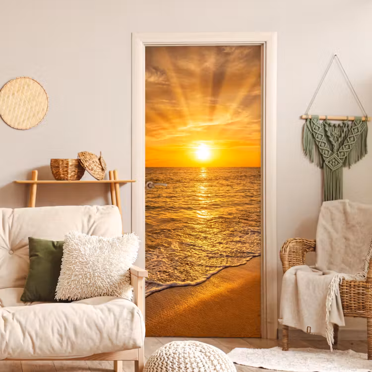 Zee - Zonsondergang - Golven - Kust - Oranje deurposter klein -sfeer2