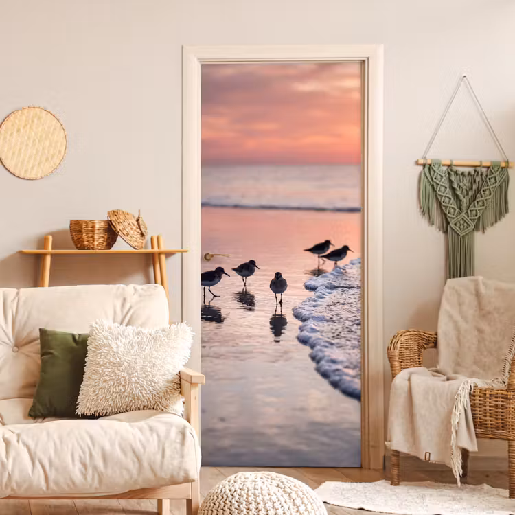 Meeuwen - Strand - Zee - Roze deurposter klein -sfeer2