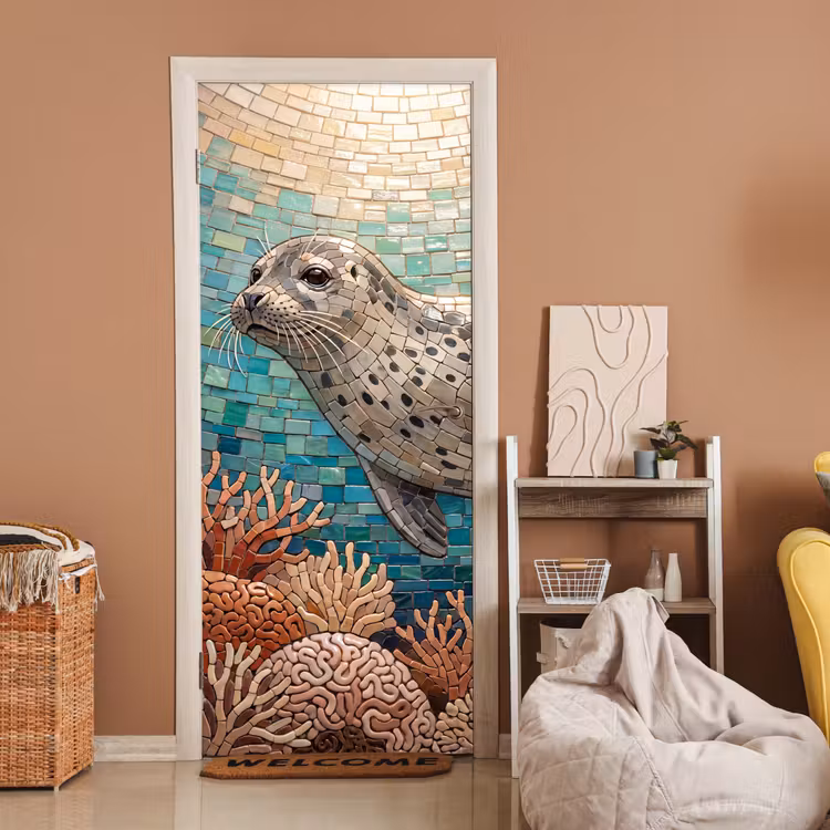 Zeehond - Mozaïek - Onderwater - Dieren - Blauw deurposter klein -sfeer1