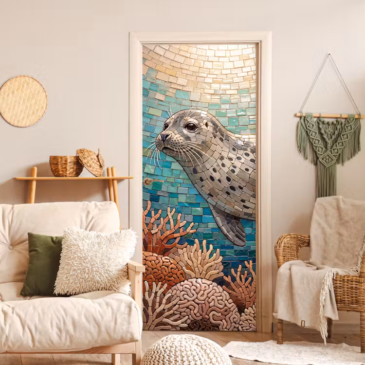 Zeehond - Mozaïek - Onderwater - Dieren - Blauw deurposter klein -sfeer2