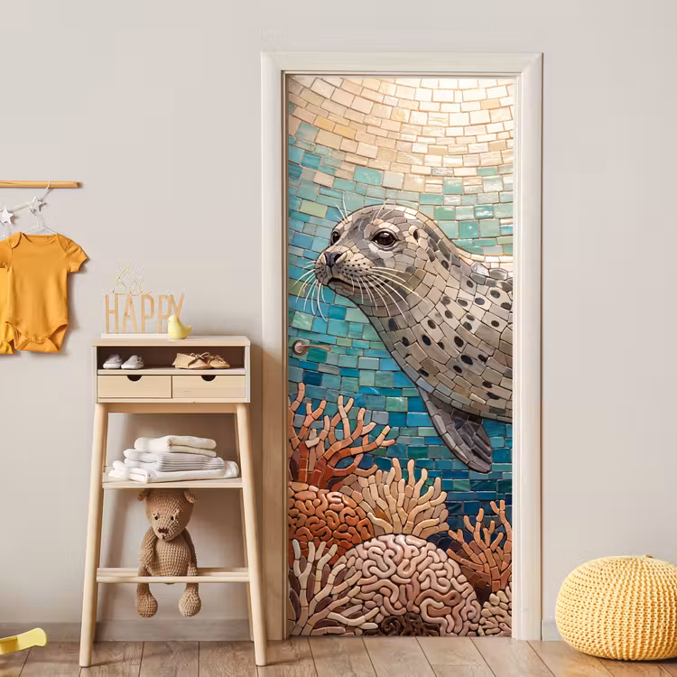 Zeehond - Mozaïek - Onderwater - Dieren - Blauw deurposter klein -sfeer4