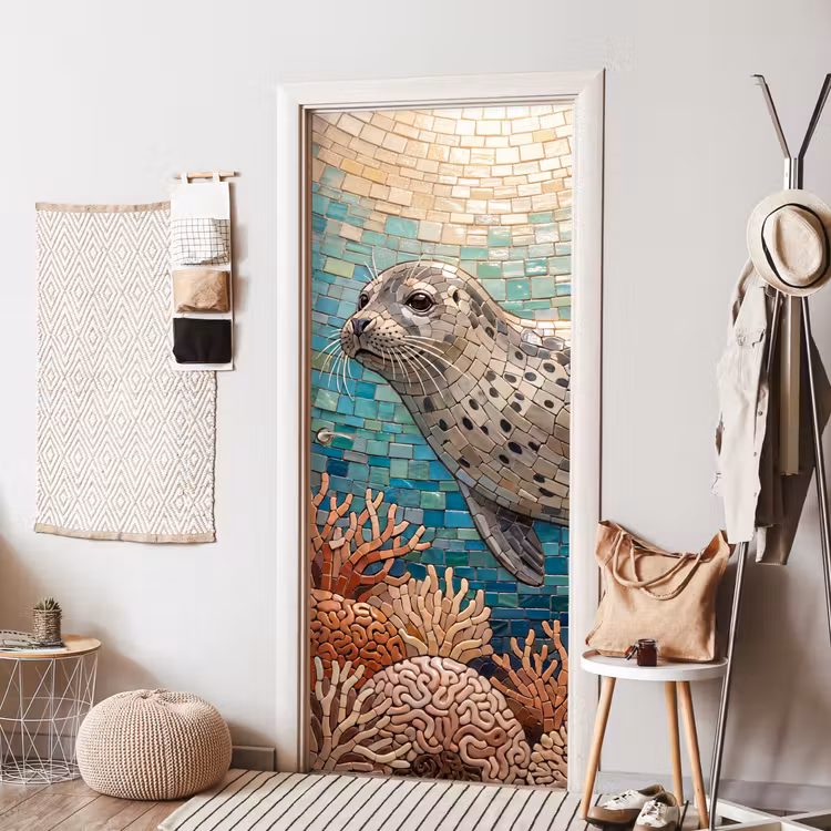 Zeehond - Mozaïek - Onderwater - Dieren - Blauw deurposter klein -sfeer6