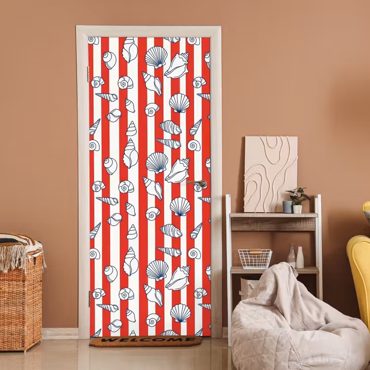 Schelp - Zeedieren - Zomer - Illustratie - Rood - Blauw deurposter klein -sfeer1