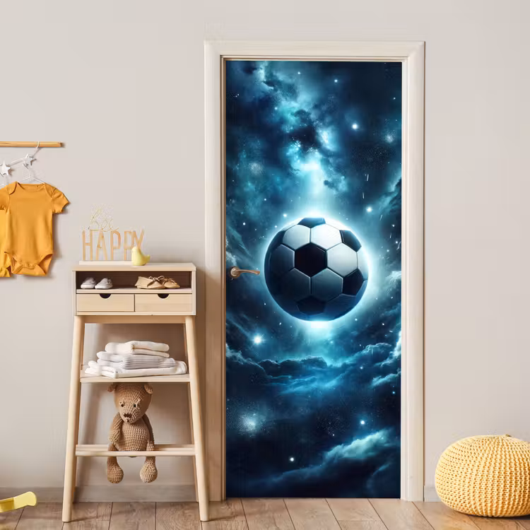 Voetbal - Galaxy - Ruimte - Sport - Blauw deurposter klein -sfeer4