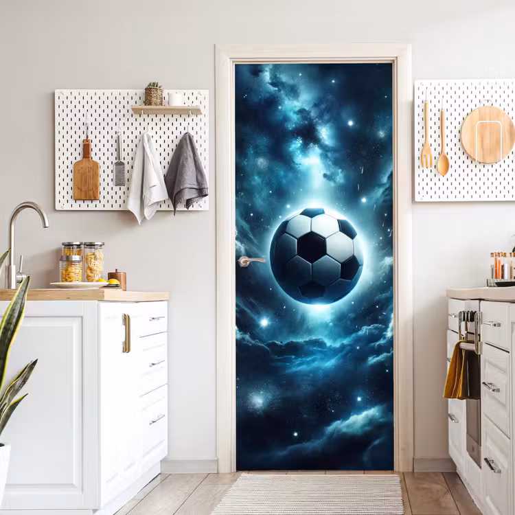 Voetbal - Galaxy - Ruimte - Sport - Blauw deurposter klein -sfeer5