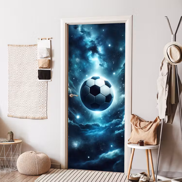 Voetbal - Galaxy - Ruimte - Sport - Blauw deurposter klein -sfeer6