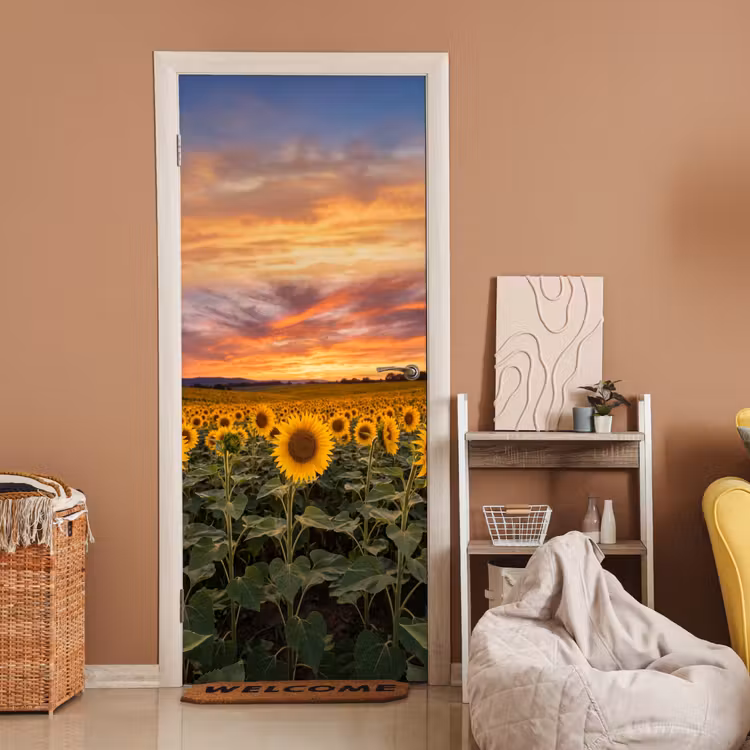 Zonnebloemen - Heuvellandschap - Geel deurposter klein -sfeer1
