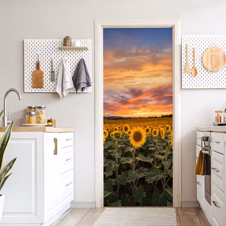 Zonnebloemen - Heuvellandschap - Geel deurposter klein -sfeer5