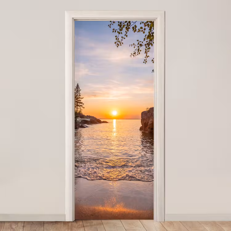 Zonsondergang - Kust - Water - Natuur - Oranje deurposter klein -3d_beige
