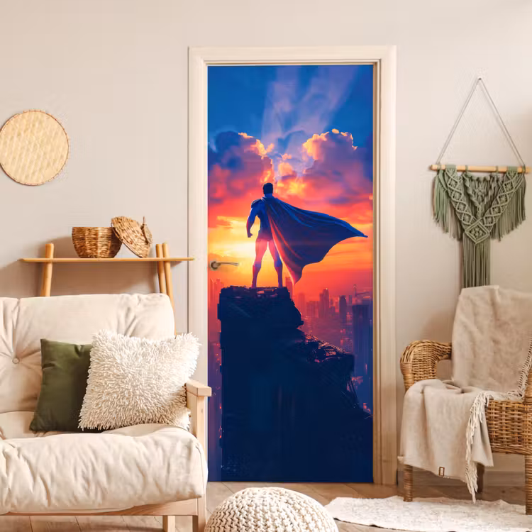 Superheld - Stad - Jongens - Kleurrijk - Zon deurposter klein -sfeer2