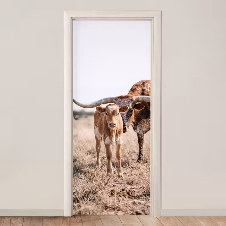 Texas Longhorn - Kalf - Weide - Dieren deurposter klein -3d_beige