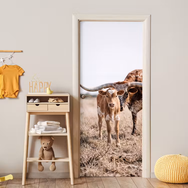 Texas Longhorn - Kalf - Weide - Dieren deurposter klein -sfeer4