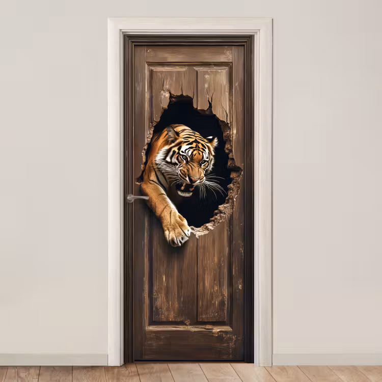 Tijger - Doorkijk - Deur - Hout - Dieren deurposter klein -3d_beige