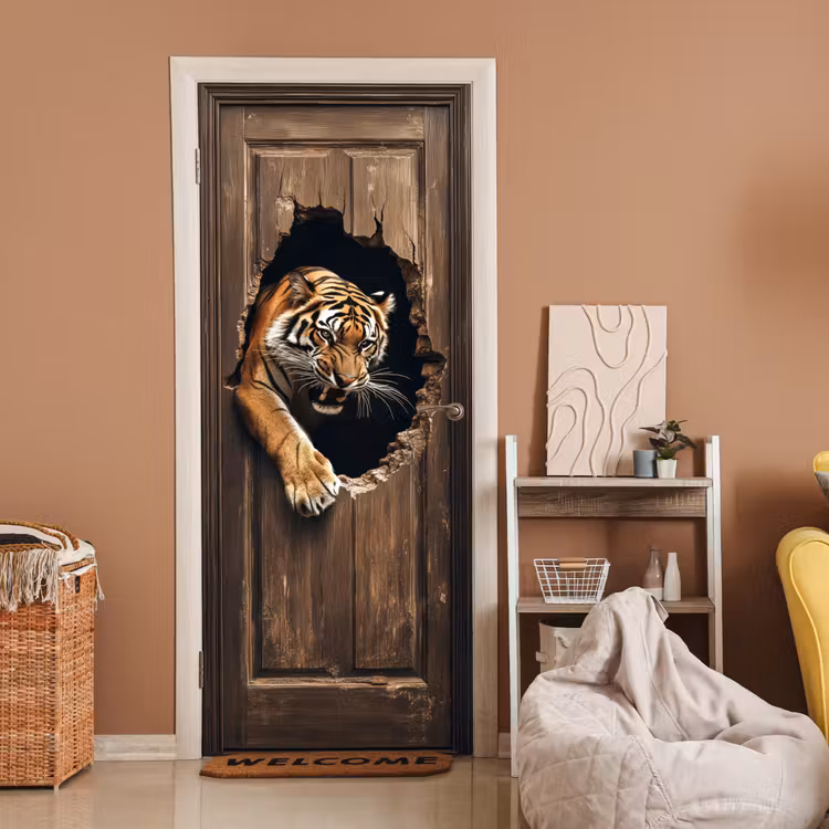 Tijger - Doorkijk - Deur - Hout - Dieren deurposter klein -sfeer1