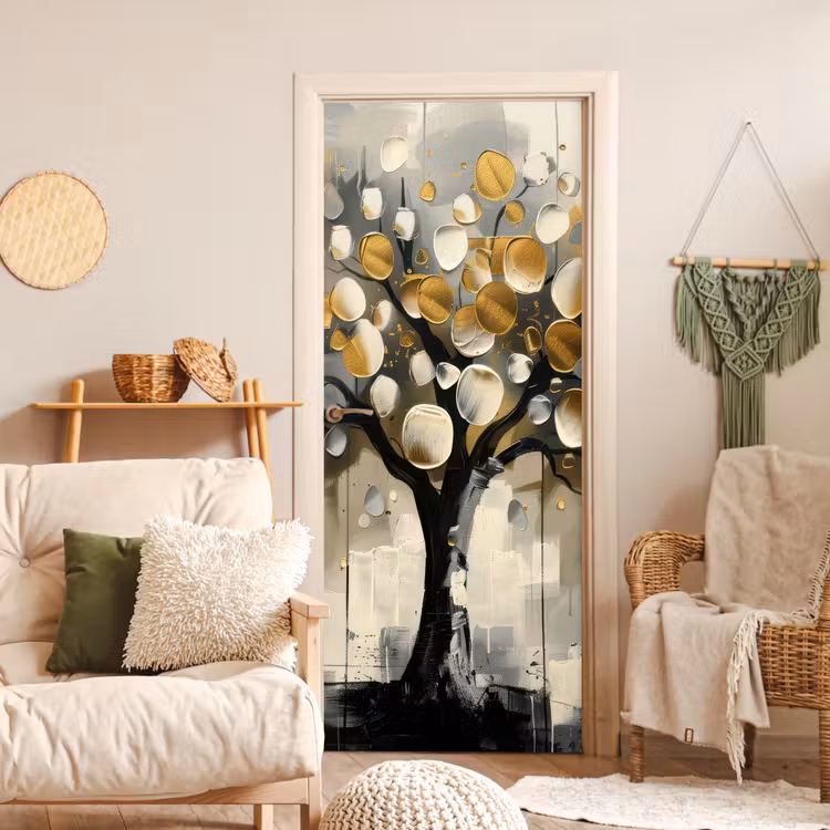 Boom - Abstract - Beige - Goud - Zwart deurposter klein -sfeer2