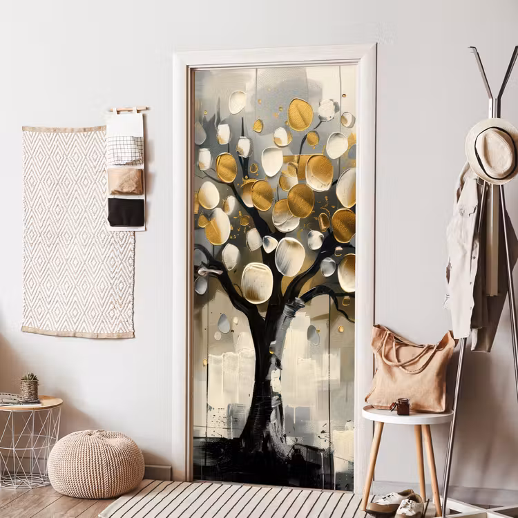 Boom - Abstract - Beige - Goud - Zwart deurposter klein -sfeer6