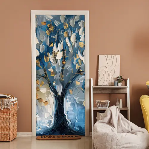 Boom - Blauw - Goud - Abstract deurposter klein -sfeer1