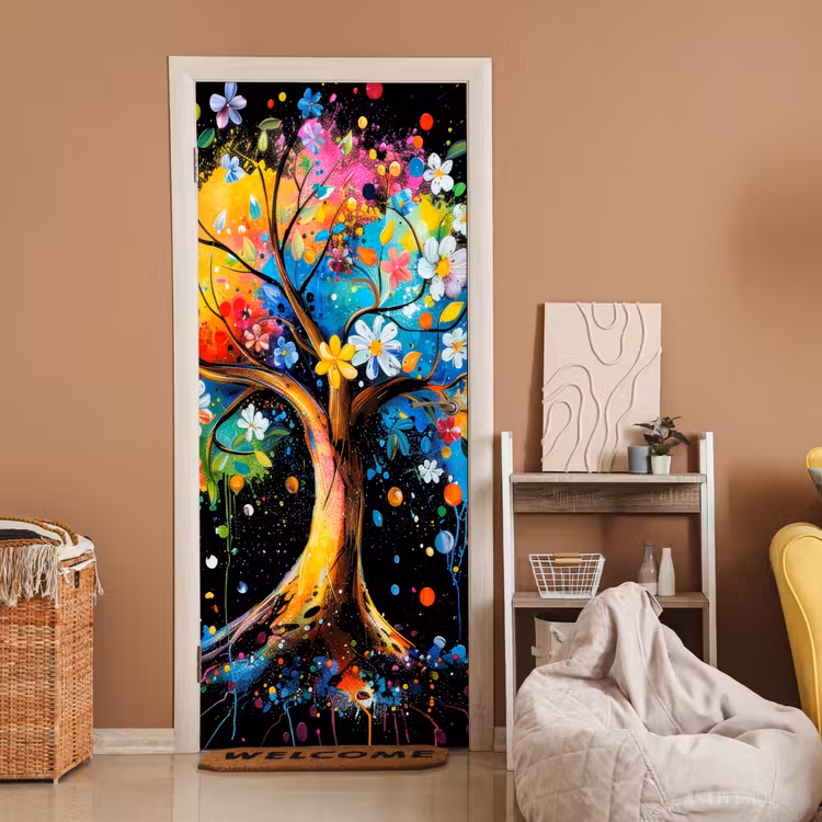Boom - Kleurrijk - Bloemen - Zwart deurposter klein -sfeer1