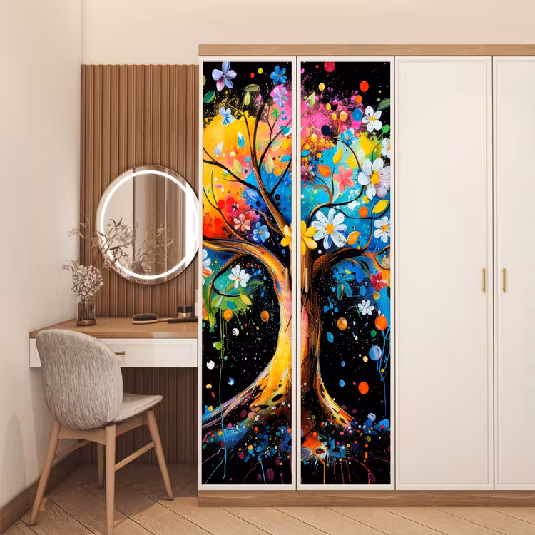 Boom - Kleurrijk - Bloemen - Zwart deurposter klein -sfeer3